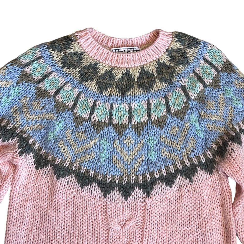 Le Pull-Over 80s Vintage Women’s Sz S Pink Fair Isle Sweater Pullover Crewneck - Picture 2 of 12